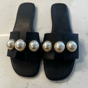 Elegant Black Slide Sandals with Pearl Accents